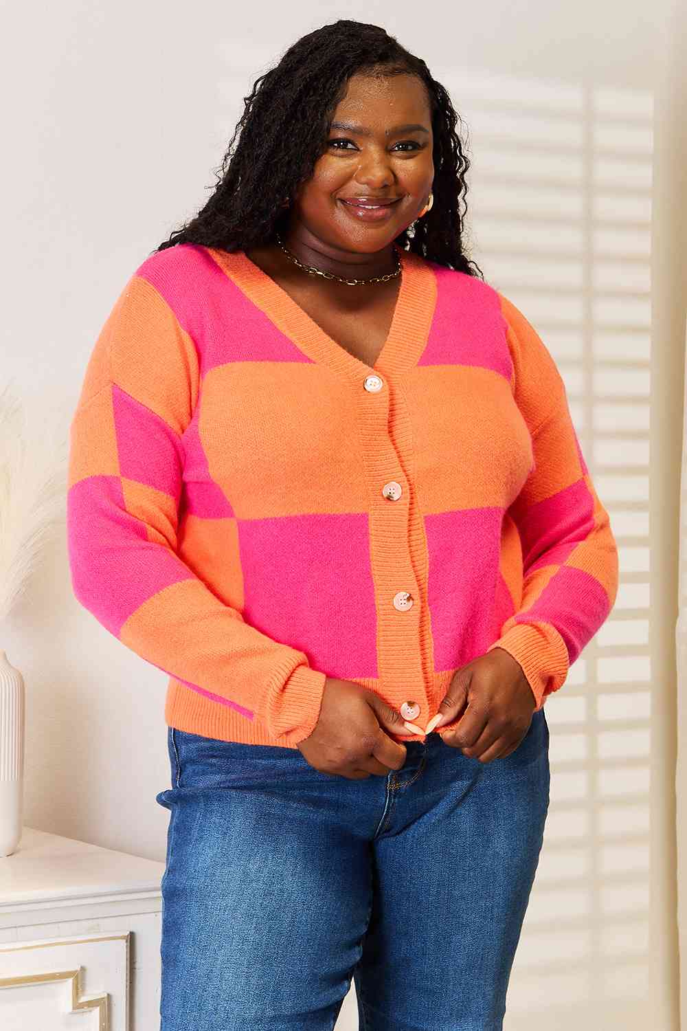 Checkered V-Neck Cardigan