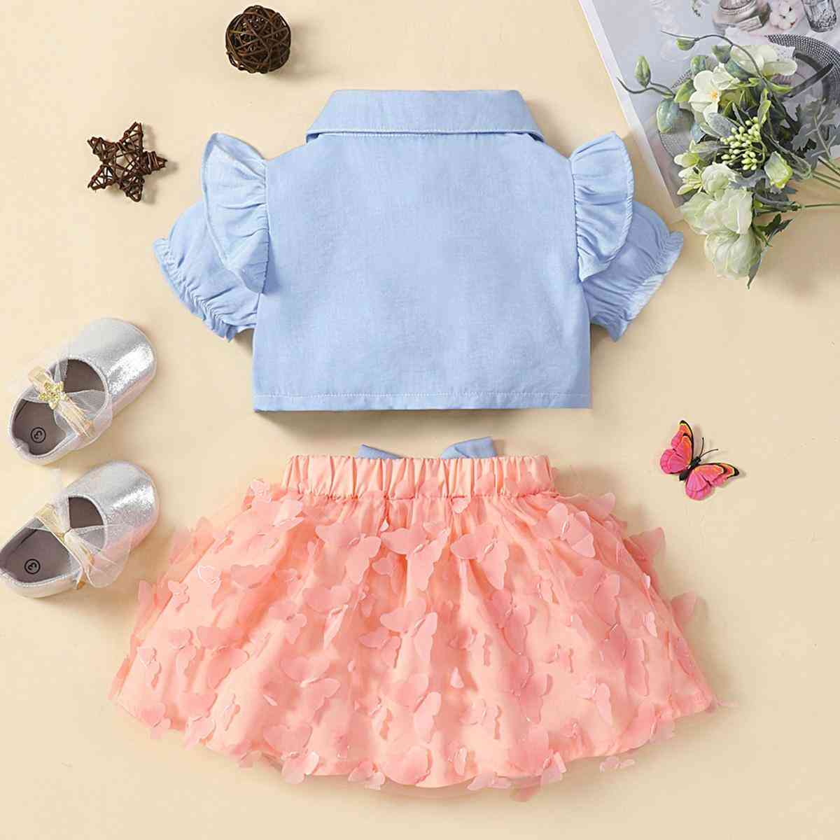 Ruffle Top and Butterfly Applique Skirt Set
