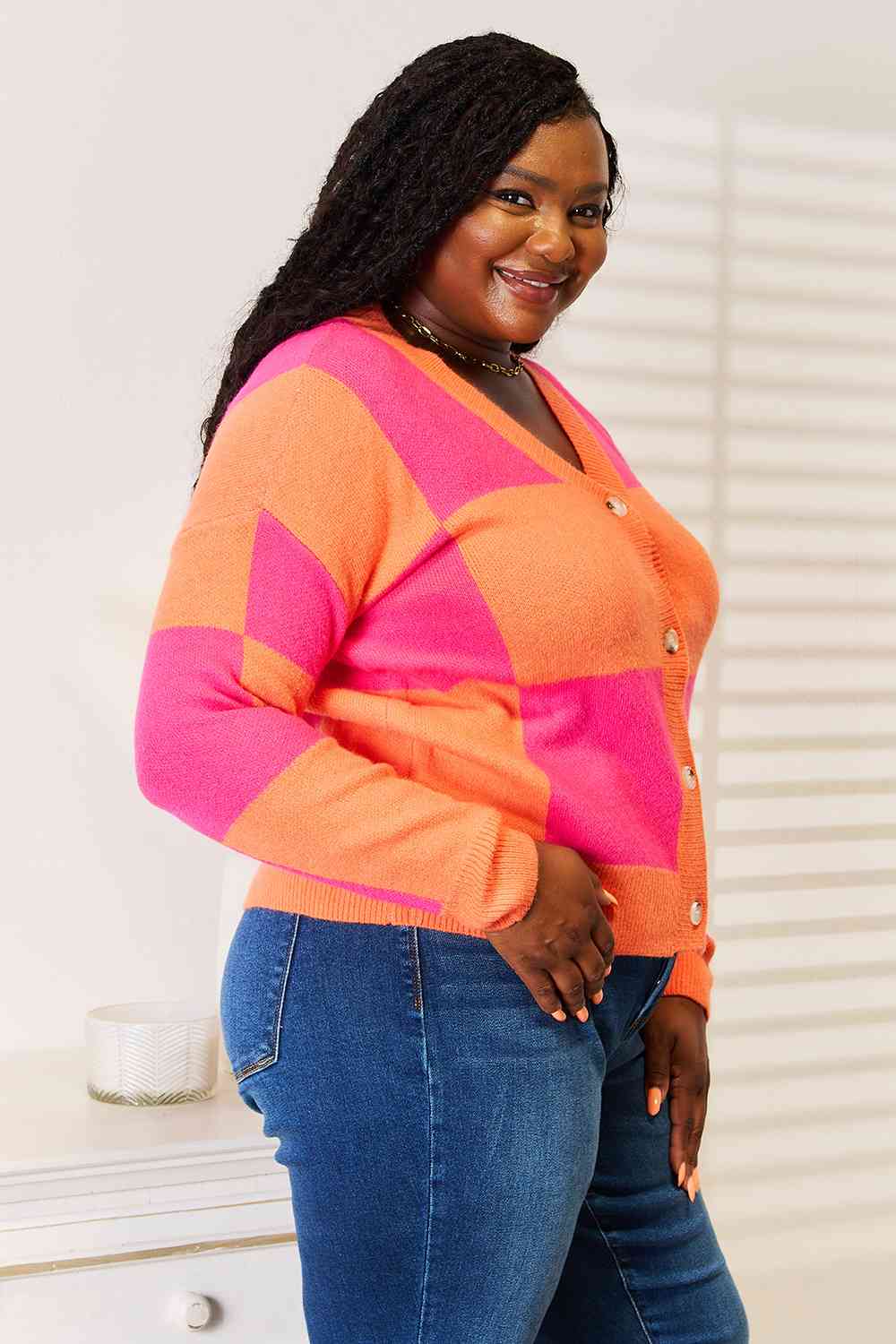 Checkered V-Neck Cardigan