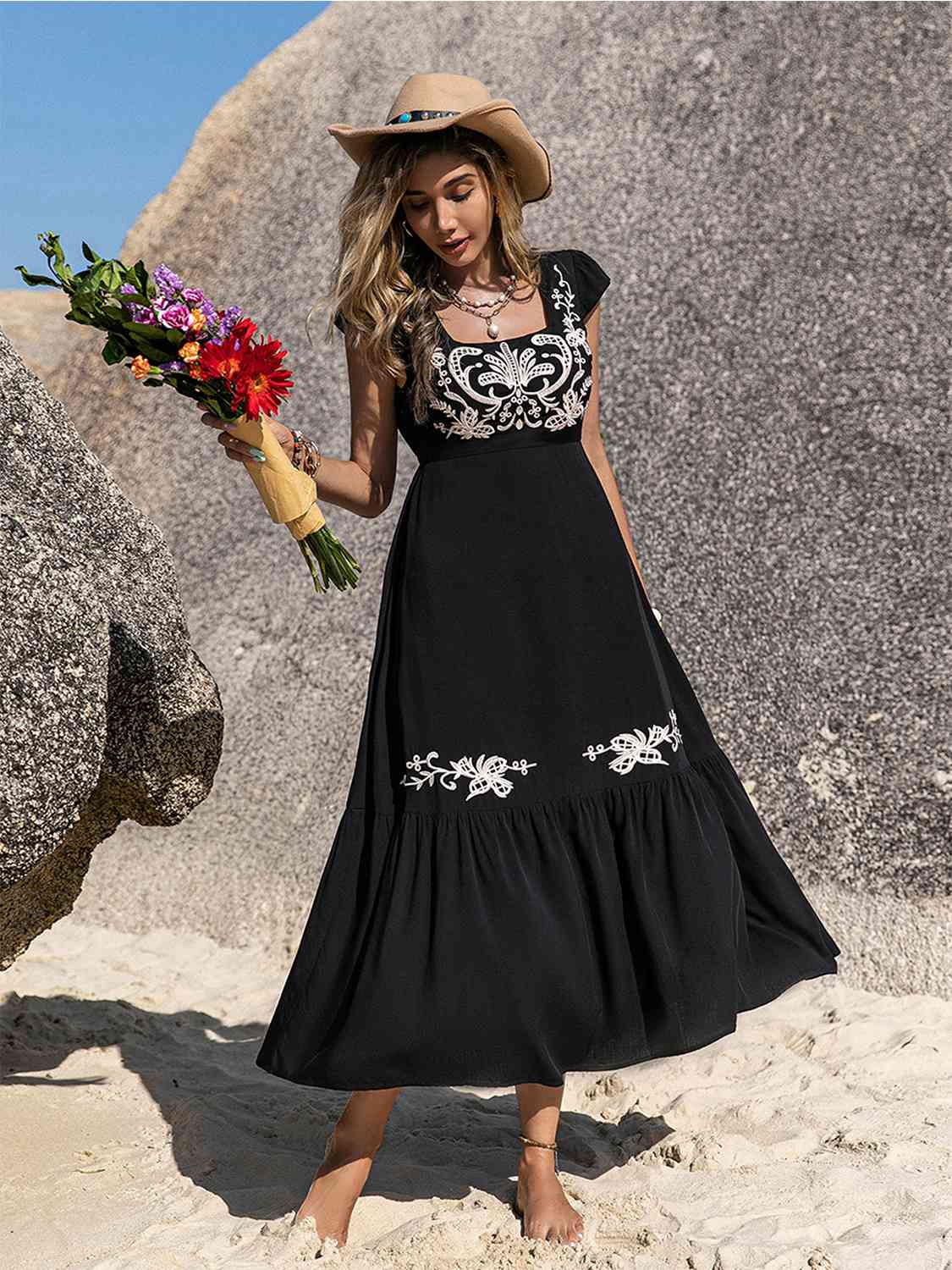 Embroidered Ruffle Dress