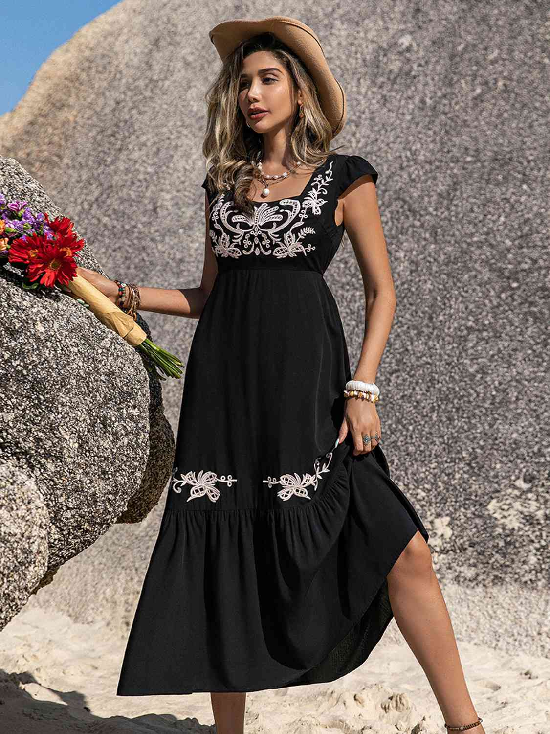 Embroidered Ruffle Dress