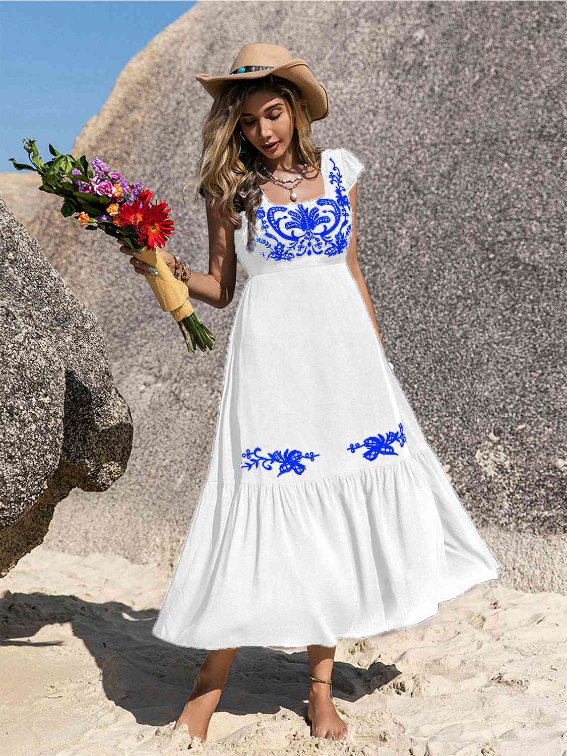 Embroidered Ruffle Dress
