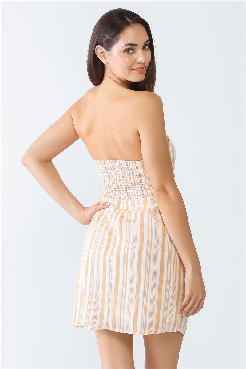 White & Apricot Strapless Mini Dress