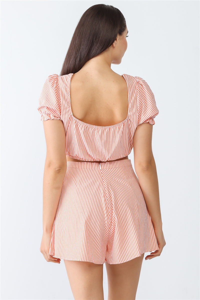 White & Orange Stripe Crop Top & High Waist Shorts Set