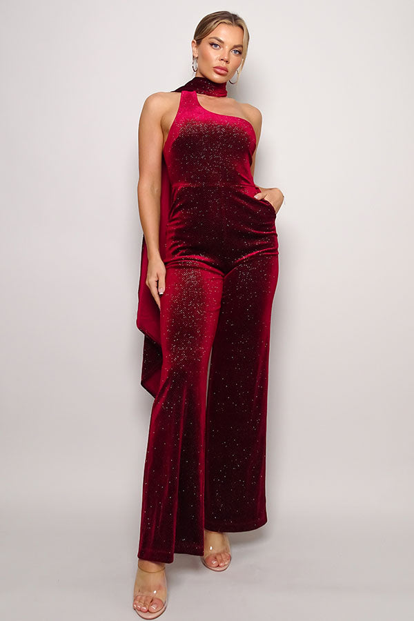 Burgundy Glitter Velvet Jumpsuit