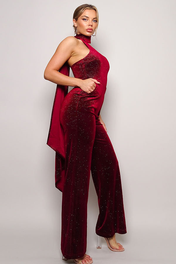 Burgundy Glitter Velvet Jumpsuit