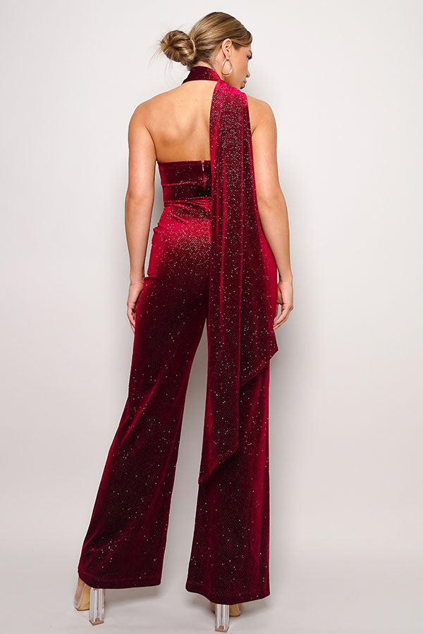 Burgundy Glitter Velvet Jumpsuit