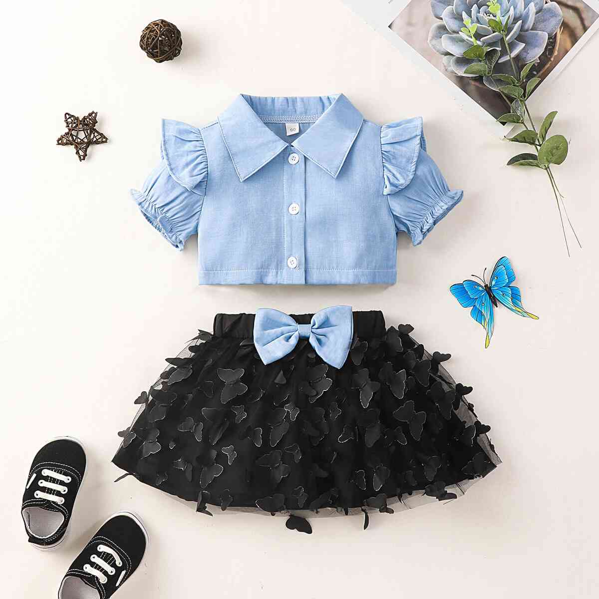 Ruffle Top and Butterfly Applique Skirt Set