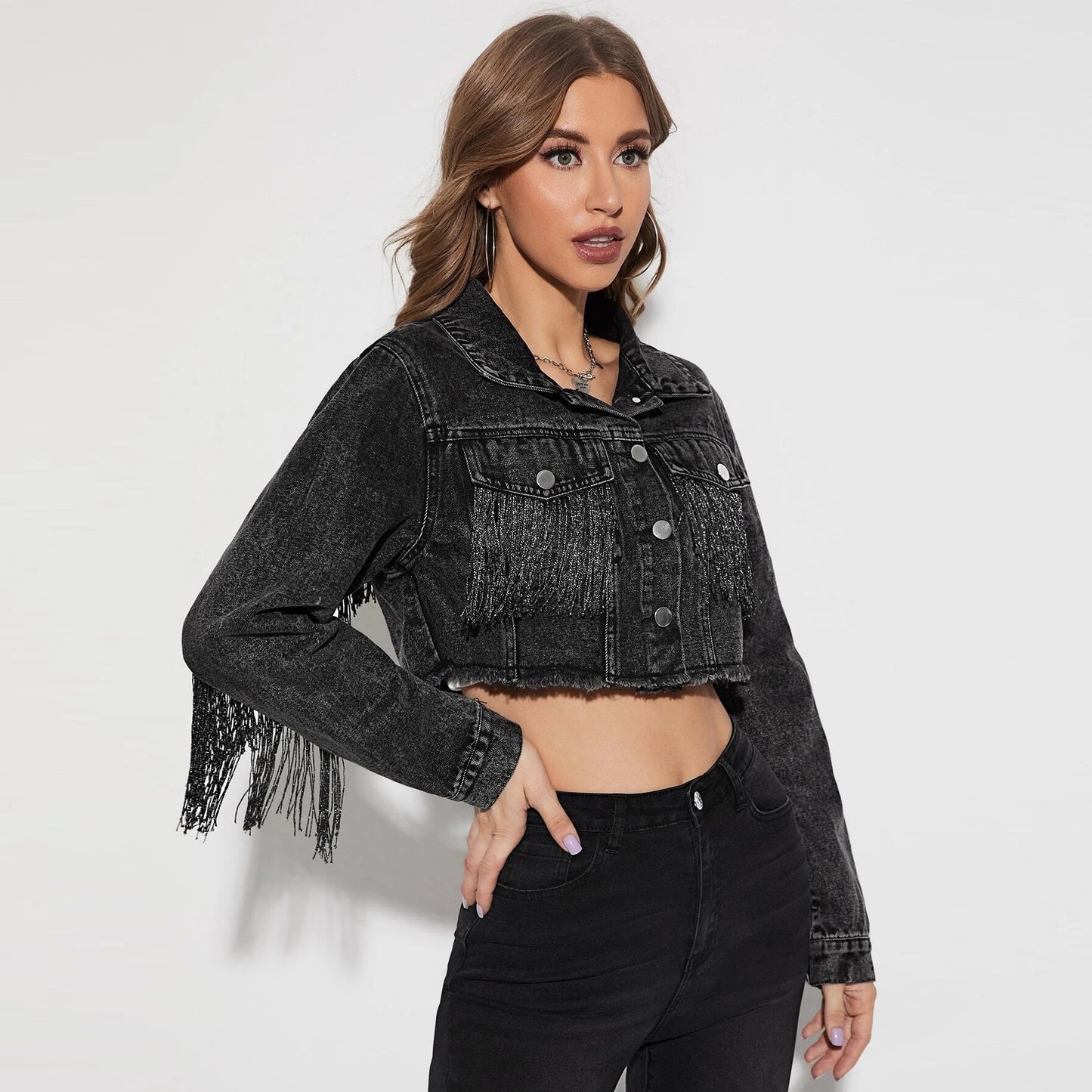 Cropped and Fringed Denim Jacket