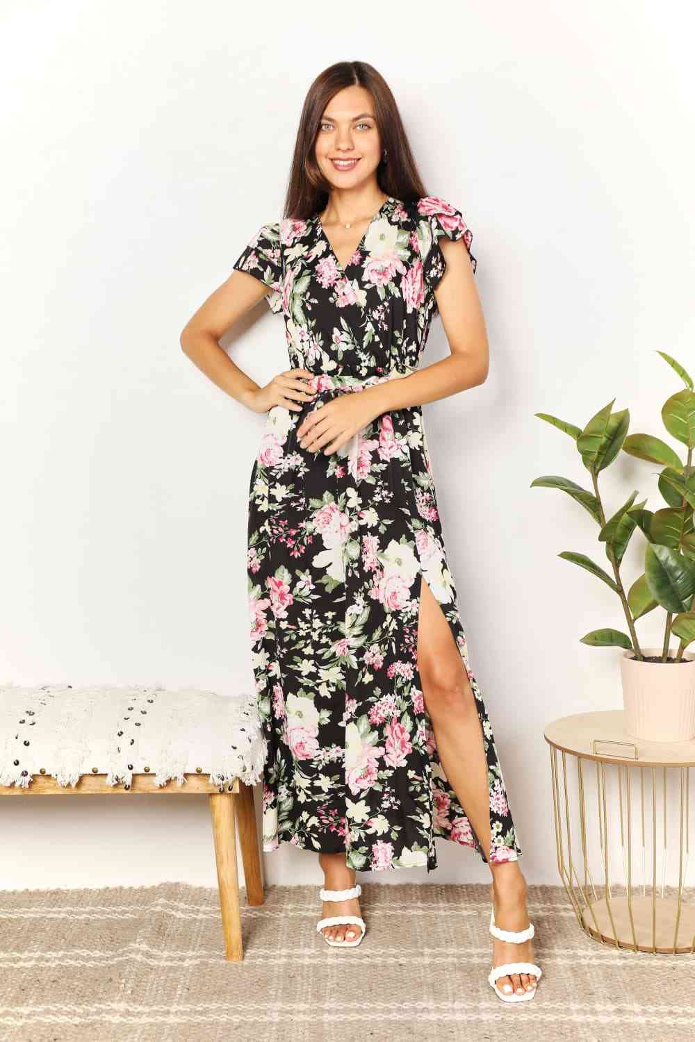 Floral Tie-Waist Split Dress