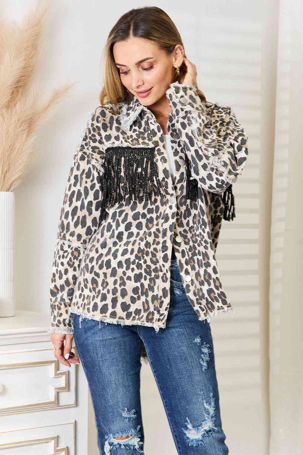 Leopard Denim Jacket with Fringe