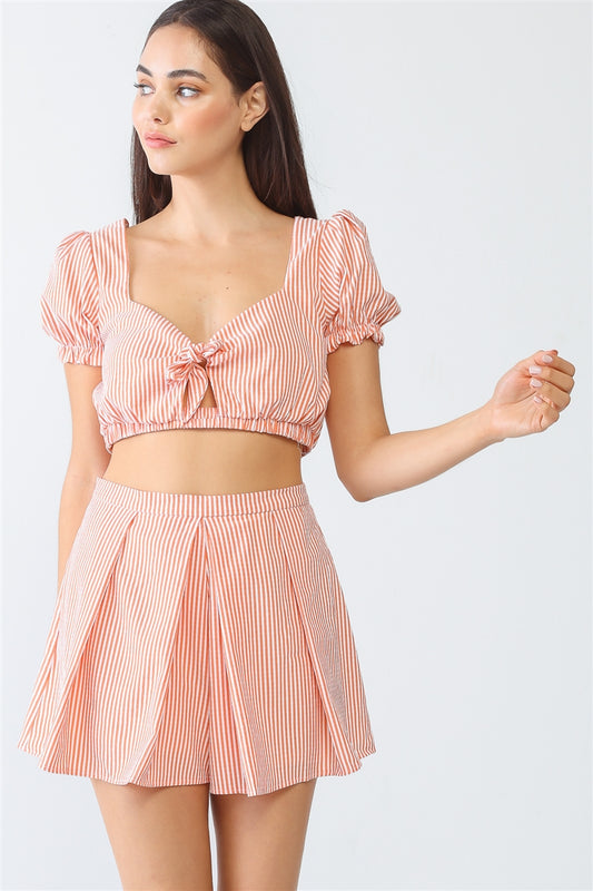 White & Orange Stripe Crop Top & High Waist Shorts Set