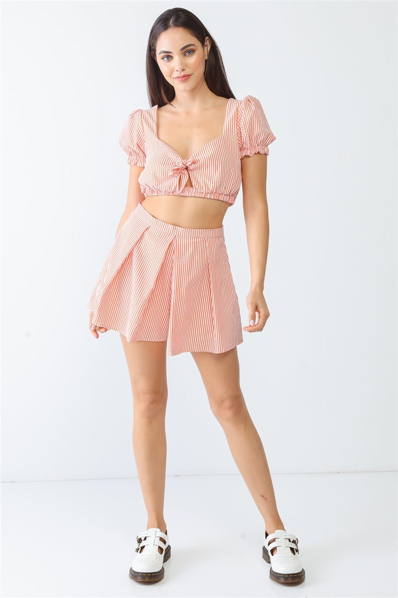 White & Orange Stripe Crop Top & High Waist Shorts Set
