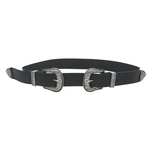 Floral Embossed Double Buckle Belt