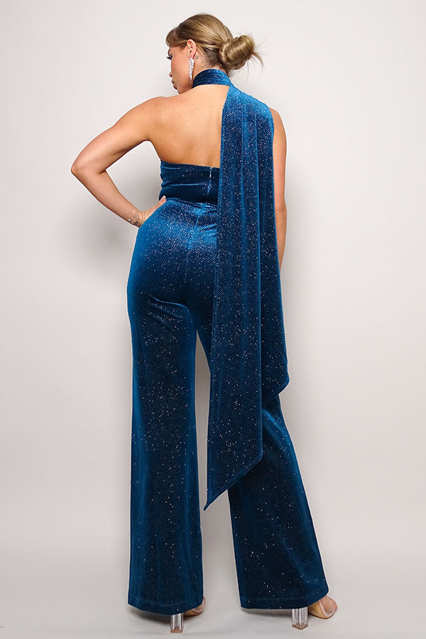 Teal Glitter Velvet Jumpsuit